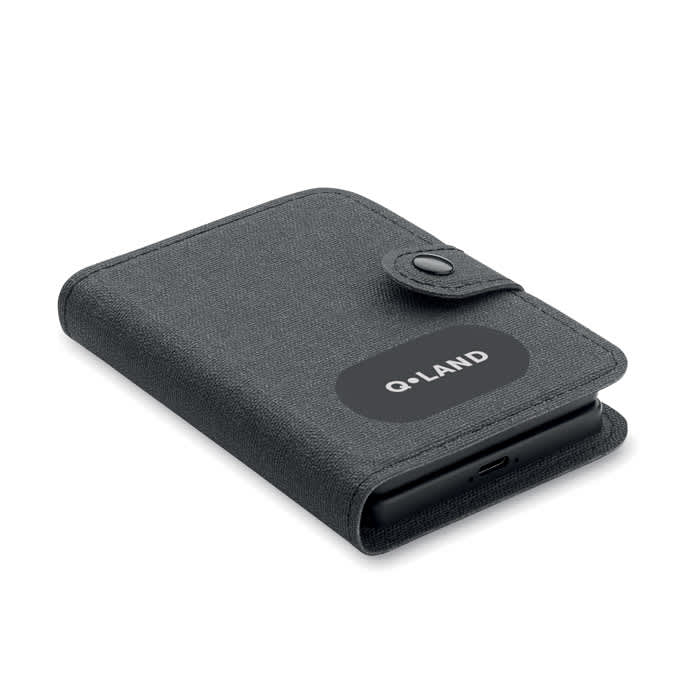 A black wallet with a textured finish and a snap closure, featuring a logo on the front.
