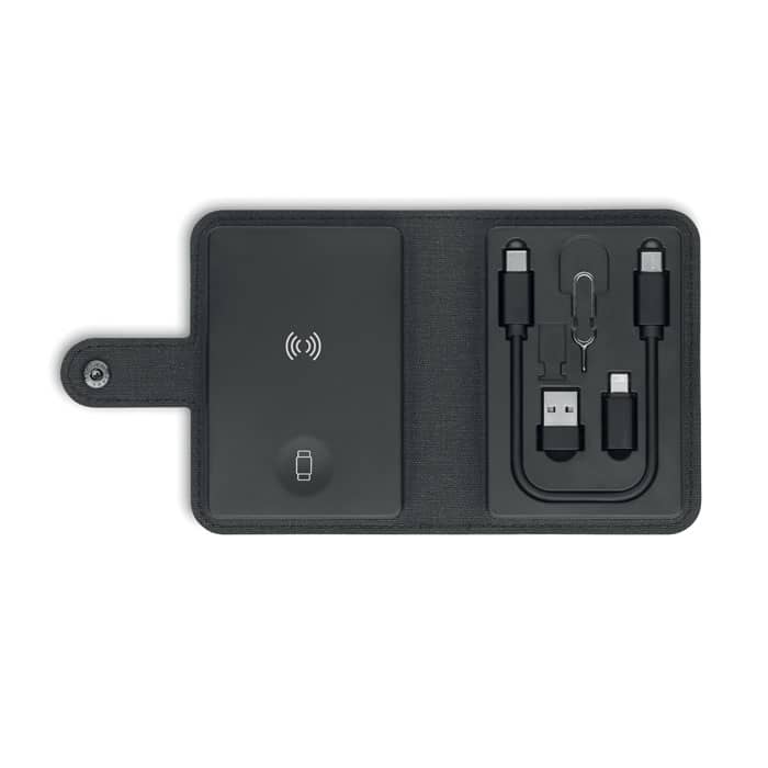A black tech accessory wallet containing a wireless charger and various charging cables. Includes a logo.