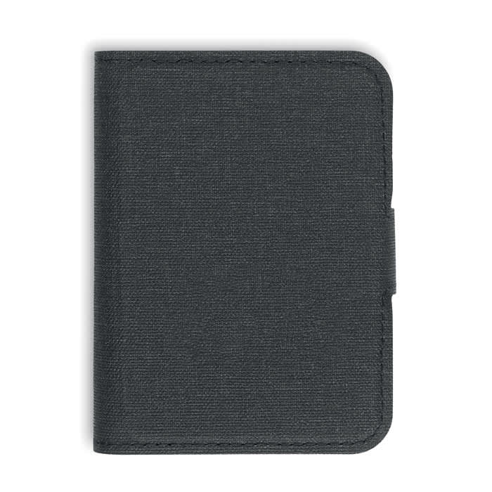 A black wallet with a textured fabric finish and a flap closure, featuring no visible branding.