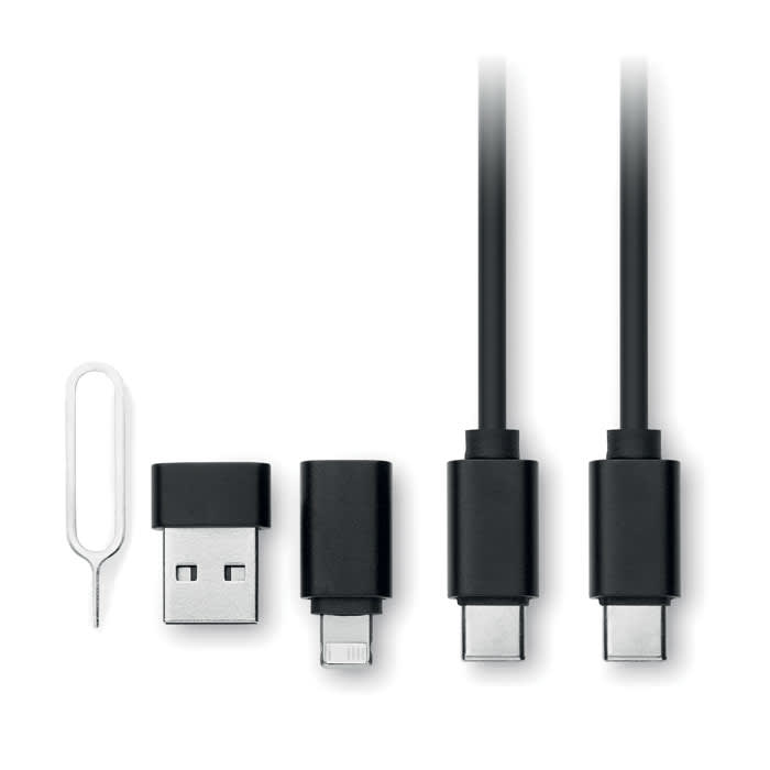 A set of black charging cables, including USB, Lightning, and USB-C, with a SIM eject tool.