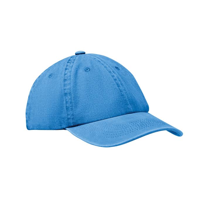 A blue cap with a rounded crown and a curved brim, featuring ventilation holes and a button on top.