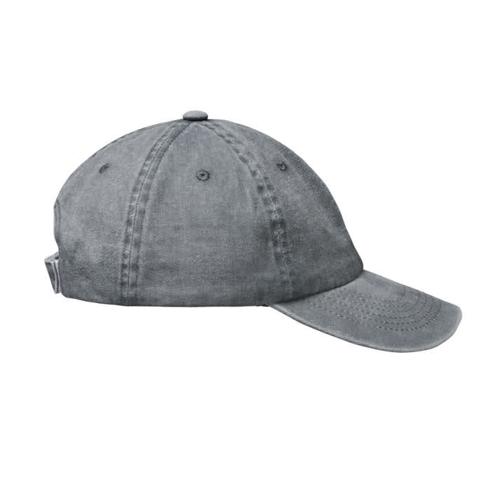 A grey cap, featuring a curved brim and a button on top, with a logo on the side.