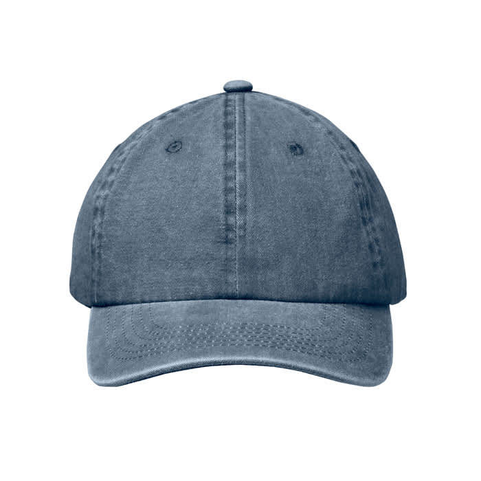 A denim blue cap with a rounded crown and a curved brim, featuring ventilation eyelets and a top button.