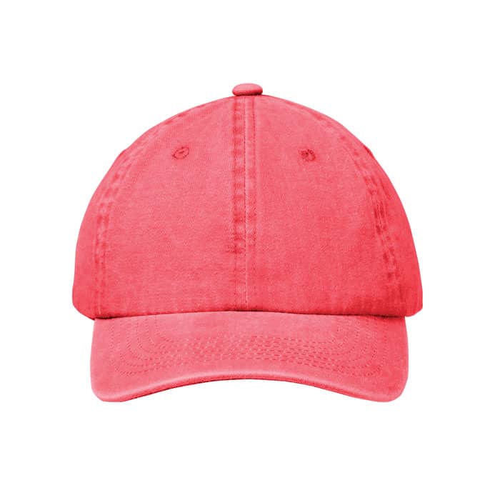 A cap in a vibrant coral colour, featuring a structured front and curved brim. It has a logo on the side.