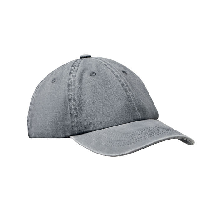 A grey cap with a curved brim and ventilation holes, featuring a logo on the side.
