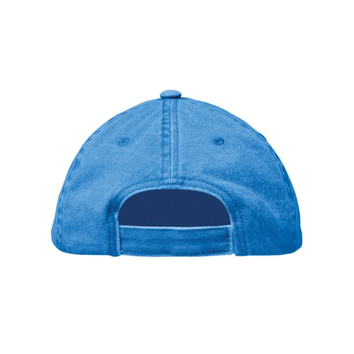 A blue cap with a curved brim and an adjustable strap at the back, featuring a button on top.