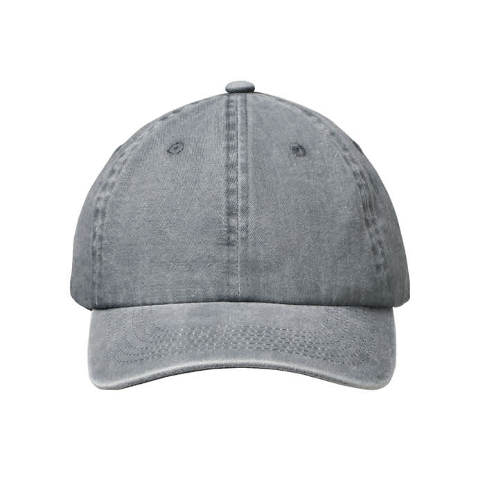 A grey cap with a high crown and a curved brim, featuring ventilation holes and a button on top.