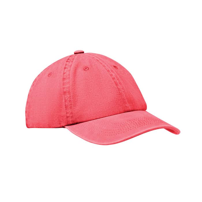 A cap in a vibrant coral colour with a curved brim and ventilation holes. It features a logo on the side.