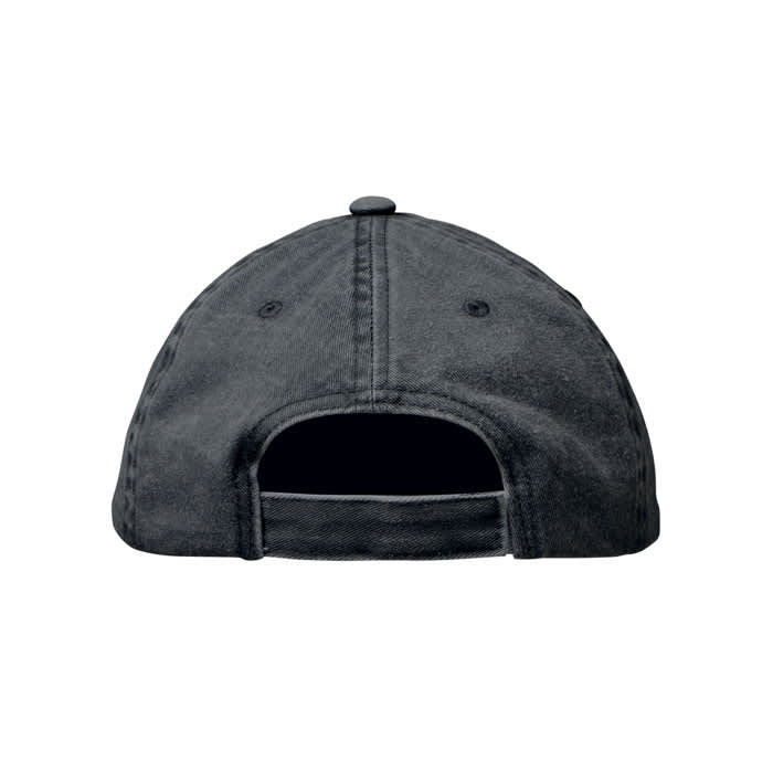 A black cap featuring a stitched design and an adjustable back closure. It has a button on top and some visible stitching.