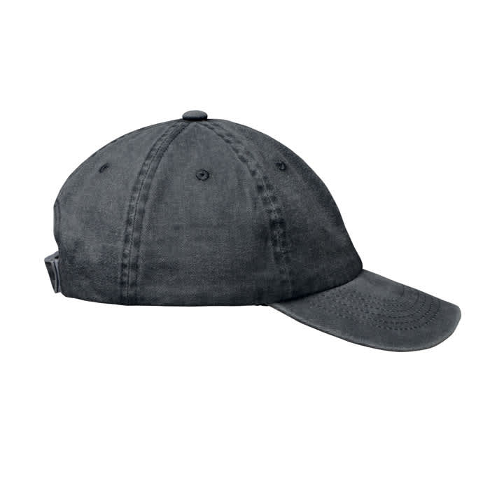 A cap in dark grey with a curved brim and adjustable strap at the back, featuring stitching details and a button on top.