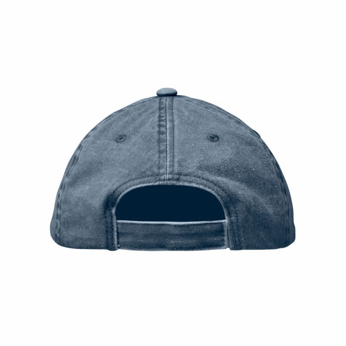 A blue cap featuring a curved brim and an adjustable back strap. It has a button on top and ventilation holes.