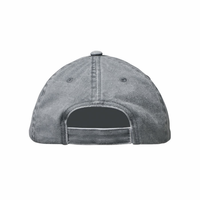 A grey cap seen from the back, featuring a stitched button and an adjustable strap. It has a logo on the side.