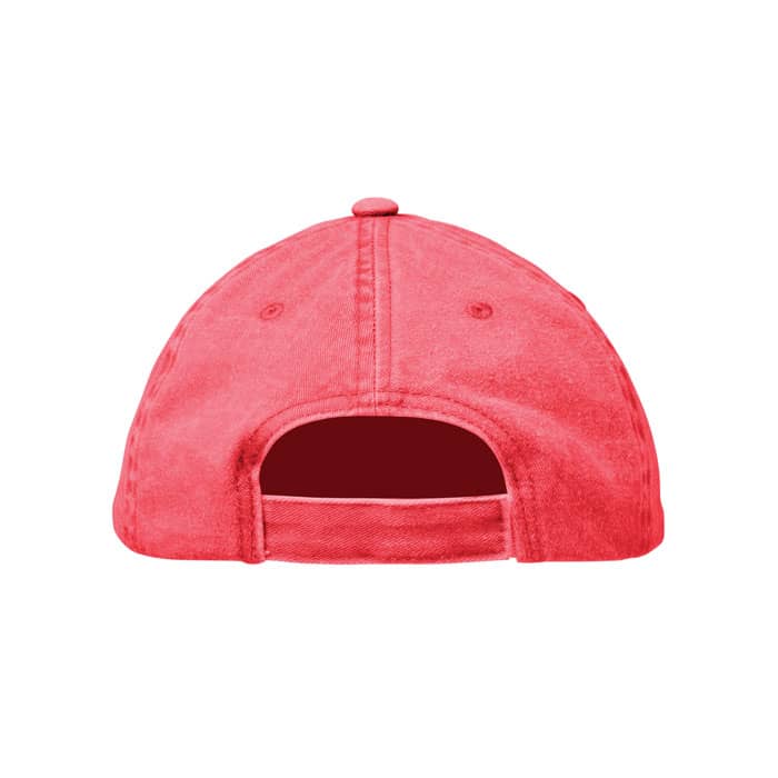 A red cap with an adjustable strap at the back, featuring a button on the crown and ventilation eyelets.