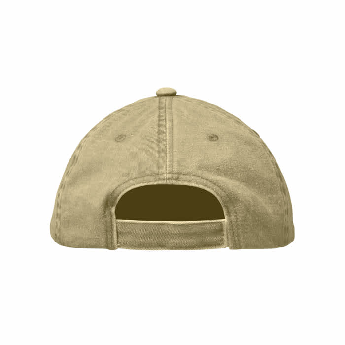 A khaki baseball cap featuring a back opening and a button on top, with no embellishments.