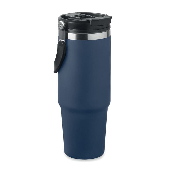 A drink bottle in navy blue with a stainless steel accent and a black lid. It features a handle and a logo.