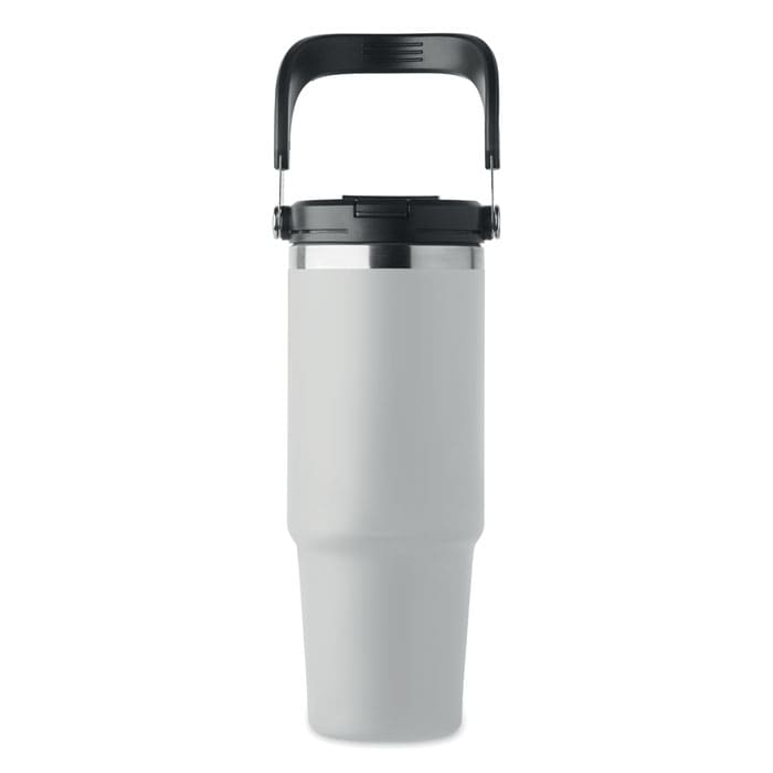 A drink bottle in grey with a black handle and a stainless steel top. It features a logo on its surface.