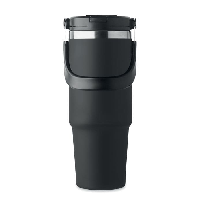 A black drink bottle with a stainless steel lid and a curved design, featuring a handle and a logo.