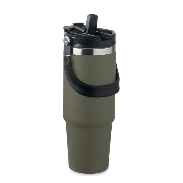 A drink bottle with a grey body, stainless steel top, and a black handle for easy carrying. It features a logo.