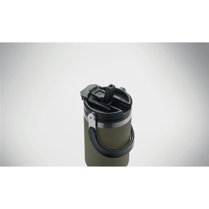 A drink bottle in olive green with a black spout lid and handle, featuring a silver band.