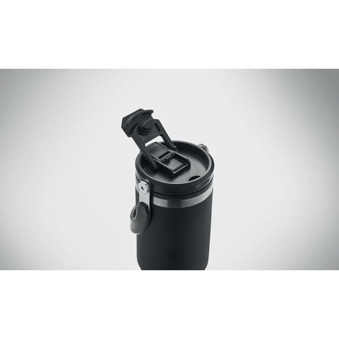 A drink bottle in matte black with a secure lid and a flip-top spout, featuring a logo.