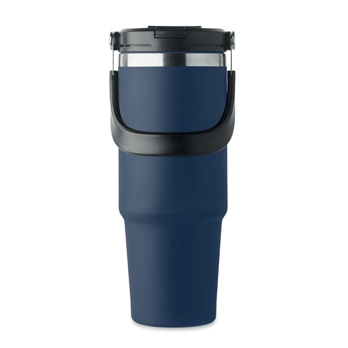 A drink bottle in navy blue with a black handle and a stainless steel top, featuring a logo.