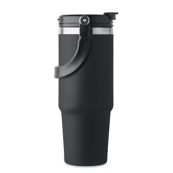 A black insulated drink bottle with a stainless steel lid and a handle. Features a sleek, minimalist design.