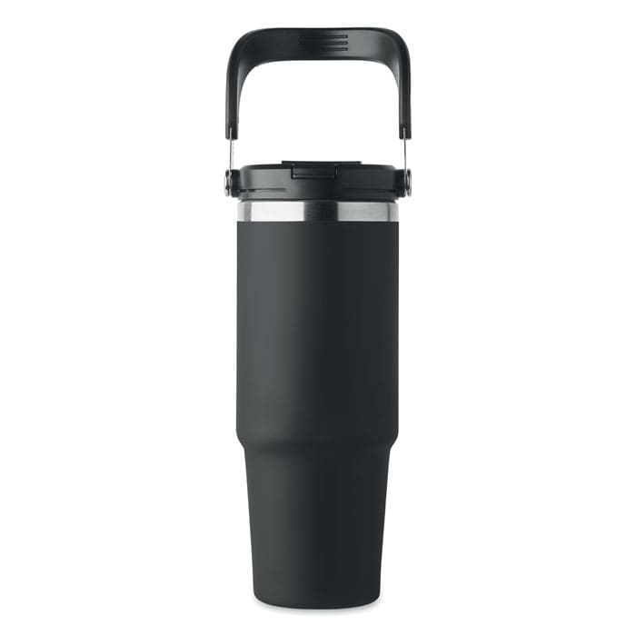A black drink bottle with a handle, featuring a stainless steel base and sleek, modern design.