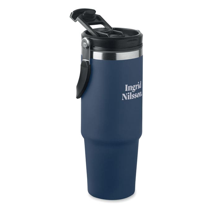 A navy blue drink bottle with a stainless steel lid and a flip-top spout features a logo.