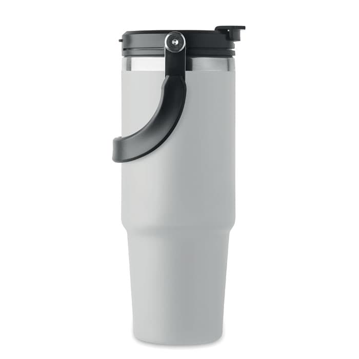 A drink bottle in light grey with a black handle and spill-proof lid. It features a branding logo.