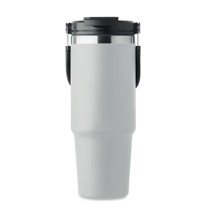 A drink bottle in matte white with a black lid and handle, featuring a sleek, modern design and metallic accents.