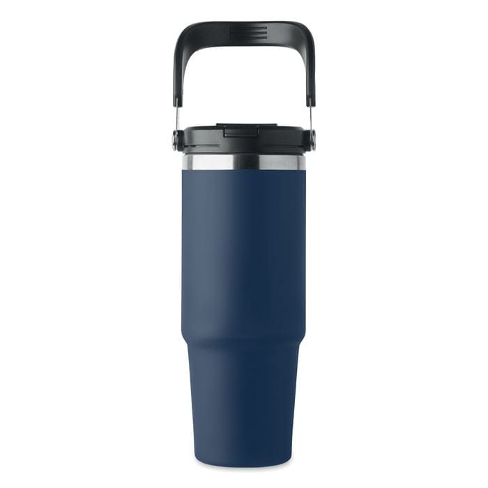 A navy drink bottle with a stainless steel base and a black handle. Features a sleek, modern design.