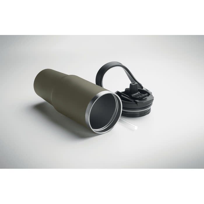 A drink bottle in an olive green finish, with a detachable black lid and straw. Features a metallic interior.