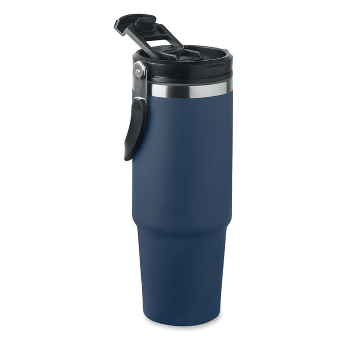 A drink bottle in navy blue with a black lid and a handle, featuring a metallic band near the top.