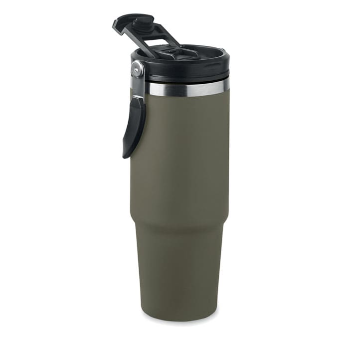 A drink bottle in a matte olive green finish with a black lid and flip-top spout, featuring a silver band.