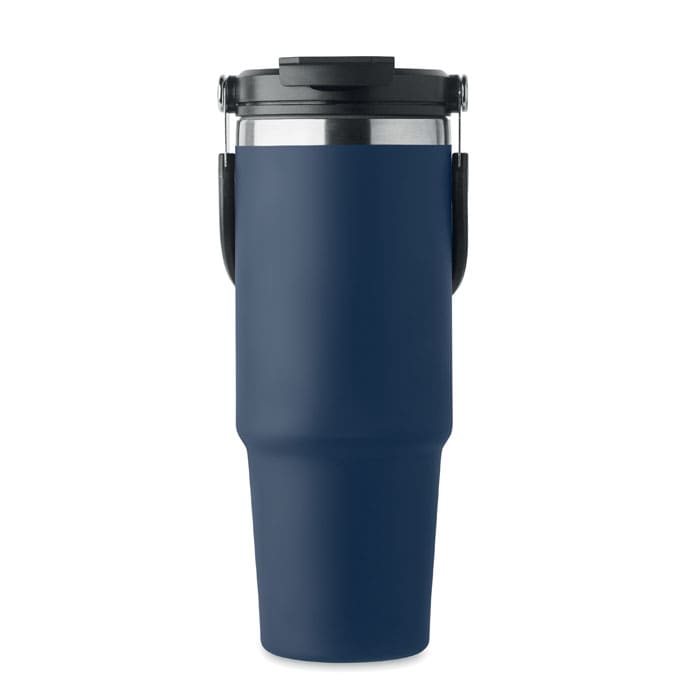 A drink bottle in navy with a stainless steel lid and a black handle. Features a sleek, tapered design.