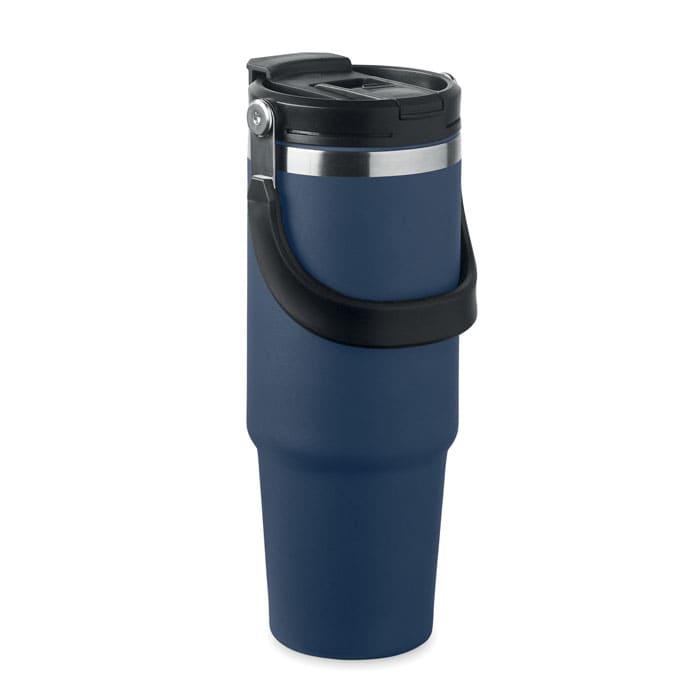 A navy blue drink bottle with a stainless steel rim and a black handle, featuring a screw-on lid.
