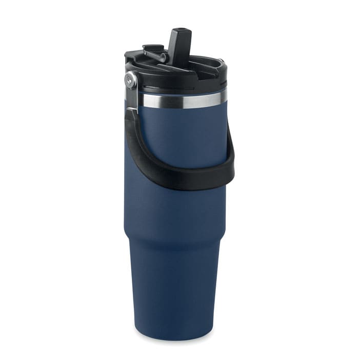 A drink bottle in navy blue with a black handle and a screw-on lid featuring a spout and a logo.