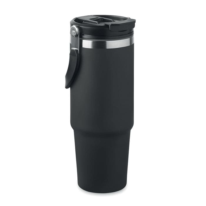 A black insulated drink bottle with a stainless steel rim and a flip-top lid, featuring a handle.