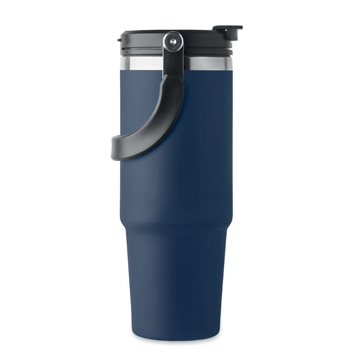 A drink bottle in a deep navy colour with a silver top and a black handle, featuring a logo.