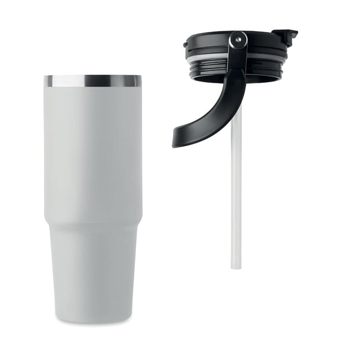 A white drink bottle with a stainless steel rim and a black lid featuring a straw attachment.