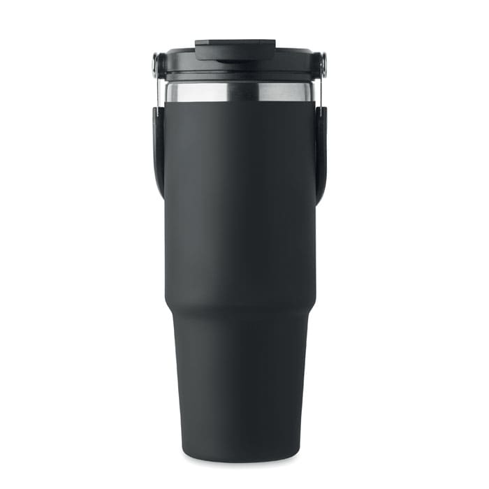 A black drink bottle with a stainless steel interior and a handle, featuring a secure lid and a sleek design.