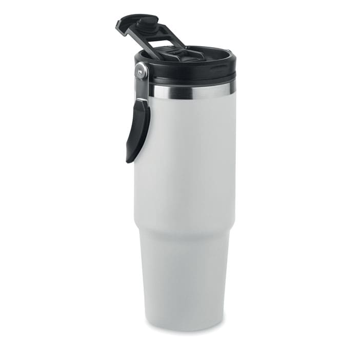 A grey insulated drink bottle with a black lid and a handle. It features a logo on the side.