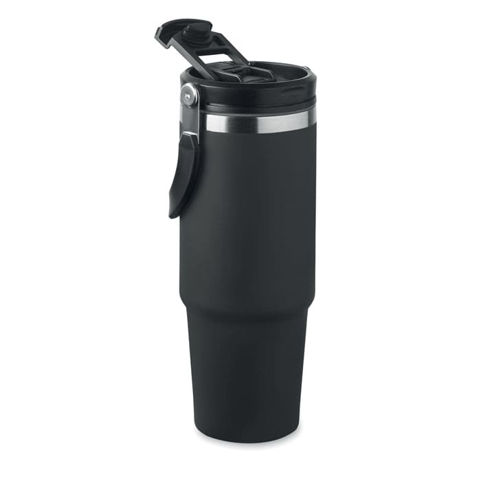 A drink bottle in matte black with a silver band and a flip-top lid. It features a handle for easy carrying.