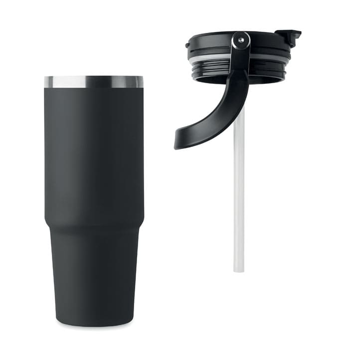 A black insulated drink bottle with a metallic rim and a detachable lid featuring a straw.