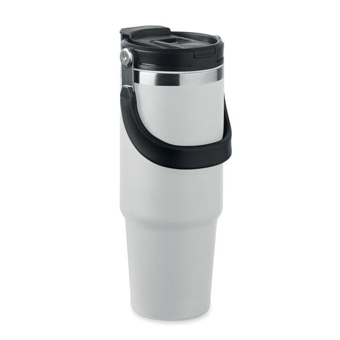 A drink bottle with a stainless steel top and a white body, featuring a black handle and lid.