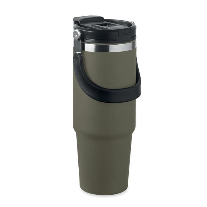 A drink bottle in olive green with a black handle, featuring a stainless steel top and a secure lid.