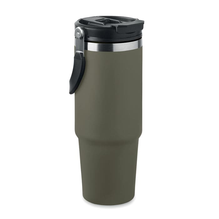 A drink bottle in olive green with a black lid and a handle, featuring a stainless steel interior.