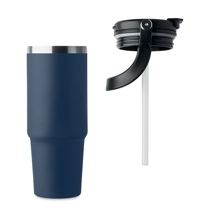 A navy drink bottle with a stainless steel rim and a black lid, featuring a clear straw.