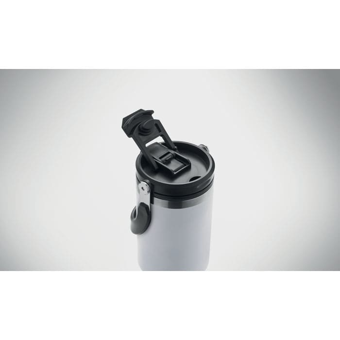 A drink bottle with a black lid and a grey body, featuring a flip-top opening and a side clip.