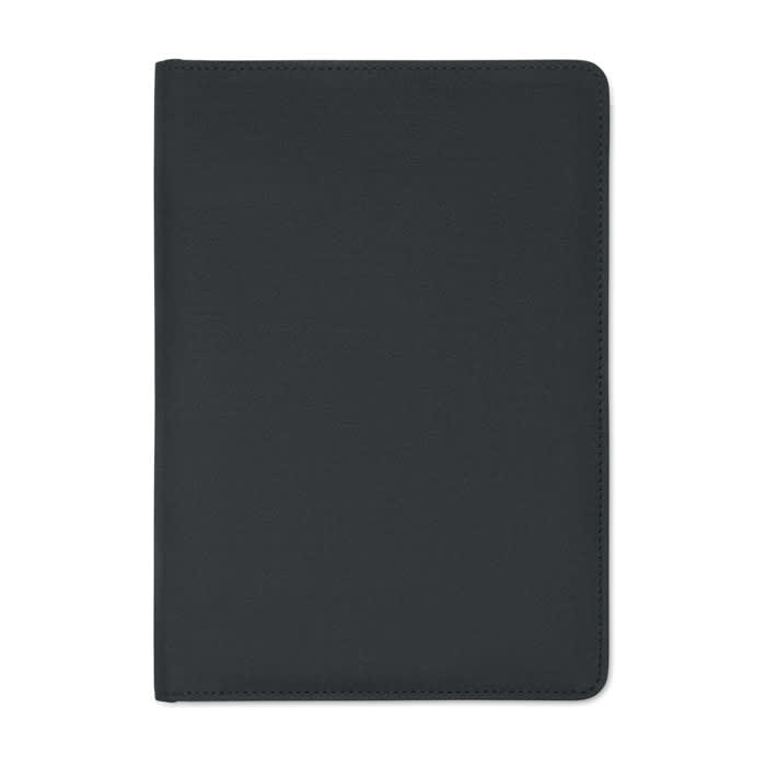 A dark black Folio product with a smooth, textured surface and rounded corners. It features a logo on the front cover.